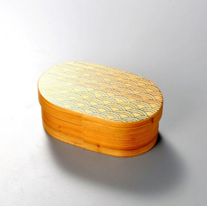 Isuke Japanese Wood Bento Box, elegant Seigaiha pattern, perfect for lunch at work or travel.