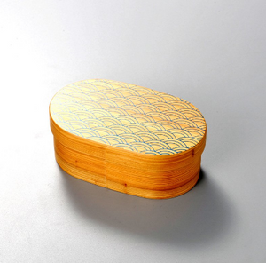 Wooden Isuke Bento Box Seigaiha Pattern, smooth lacquer craftsmanship offering elegance for food lovers.