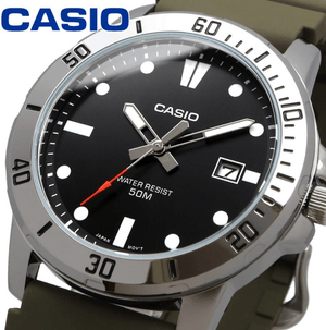 Casio MTP‑VD01 Watch in Olive, durable mineral glass, perfect for casual outfits