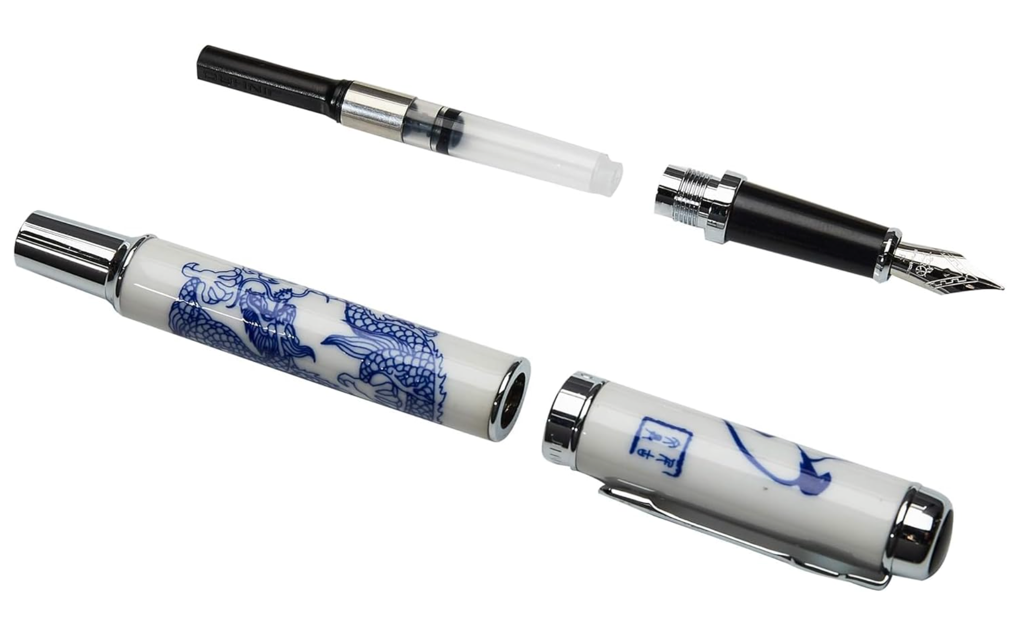 Jinhao 950 Luxury Fountain Pen, Blue and White Porcelain Dragon Medium Nib, 18KGP - YOYO JAPAN