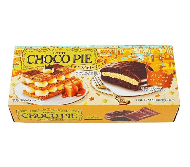 Lotte Choco Pie Caramel Mille-Feuille, 6 pcs, layered chocolate pie ideal for daily snacks