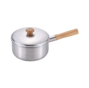 Close-up of Chitose Wooden-Handle Saucepan 2.2L, highlighting secure handle and lid