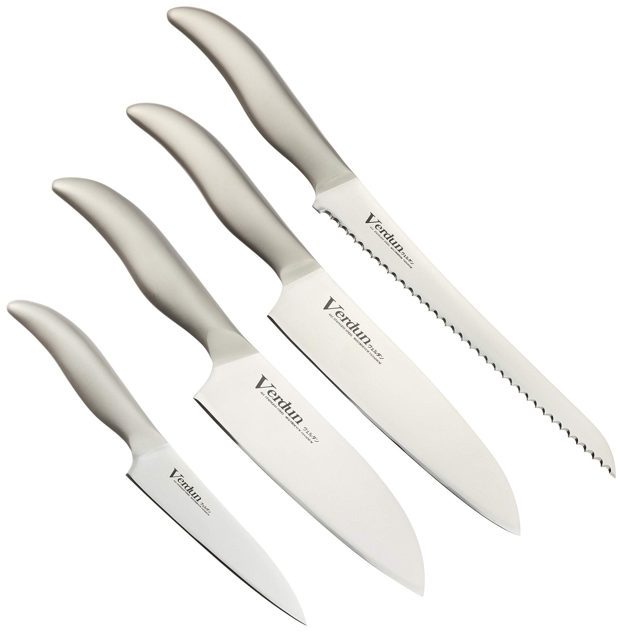 Shimomura Kougyou Made In Japan Knife Set Of 4 - Santoku 165Mm Gyuto 180Mm Petty 125Mm Bread Slicer 225Mm - Molybdenum Vanadium Steel Dishwasher Compatible Ovd - 100 Niigata Tsubamesanjo