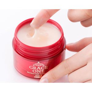 Close-up of Kose Grace One Perfect Gel Cream Ex, 100g, featuring marine collagen for firmness