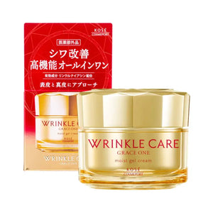 Close-up of Kose Grace One Wrinkle Care Moist Gel Cream, 100g, featuring collagen for elasticity