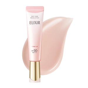 Shiseido Elixir Day Care Multifunctional Tone Up Emulsion Baby Pink SPF 50+ 35g, lightweight emulsion, ideal for daily UV protection and radiance