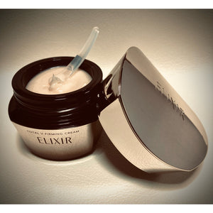Close-up of Shiseido Elixir Total V Wrinkle Firming Cream, 50g, featuring natural extracts for radiance