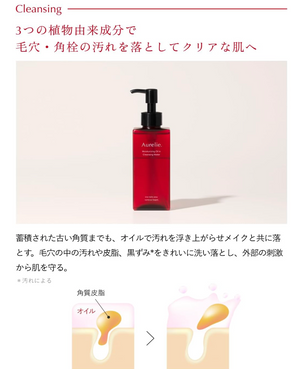 Close‑up of Aurelie Cleansing & Face Wash Set packaging, botanical extracts, Japanese skincare