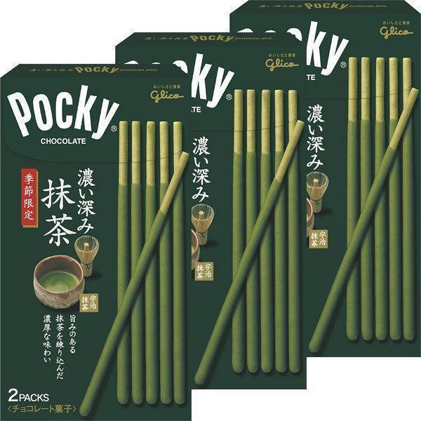 Glico Matcha Pocky Green Tea Pocky Sticks Pack of 3, crispy biscuit with matcha coating.