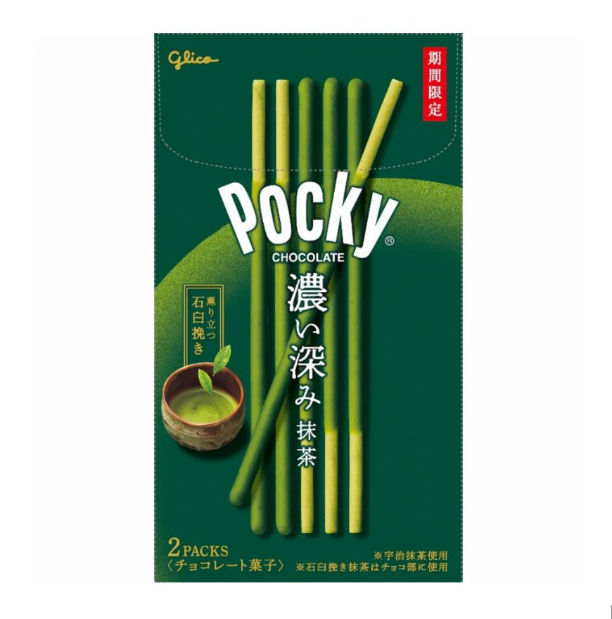 Pack of 3 Glico Matcha Pocky, Japanese snack sticks with green tea cream.