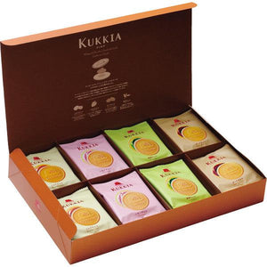 Opened box of Akai Bohshi biscuits showing Milk, Strawberry, Dark, Matcha flavored sandwiches