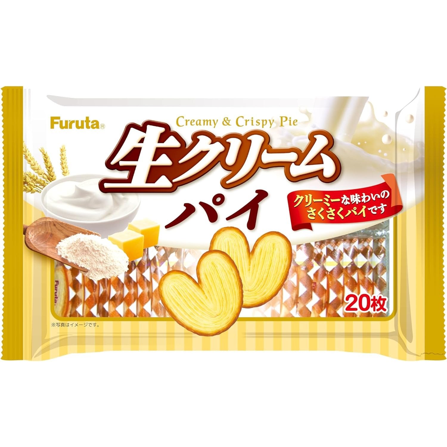 Furuta Fresh Cream Butterfly Pie Snack 20 Pieces, light crispy pastry biscuits, ideal for tea time.