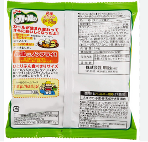 Close-up of Meiji Curl Cheese Flavor 64g bag, showing puffed corn curls with cheese flavor