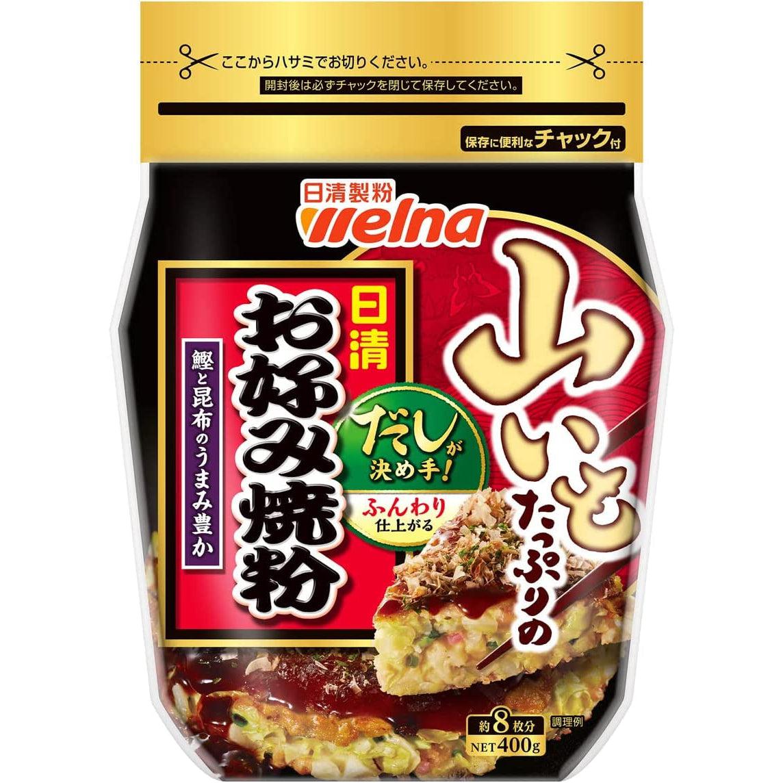 Nisshin Okonomiyaki Flour Mix with Grated Yam 400g, fluffy texture, ideal for Japanese savory pancakes