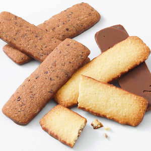 Close-up of Royce Baton Biscuits Coconut and Hazel Cacao 50 Pieces, showcasing milk and dark chocolate coatings