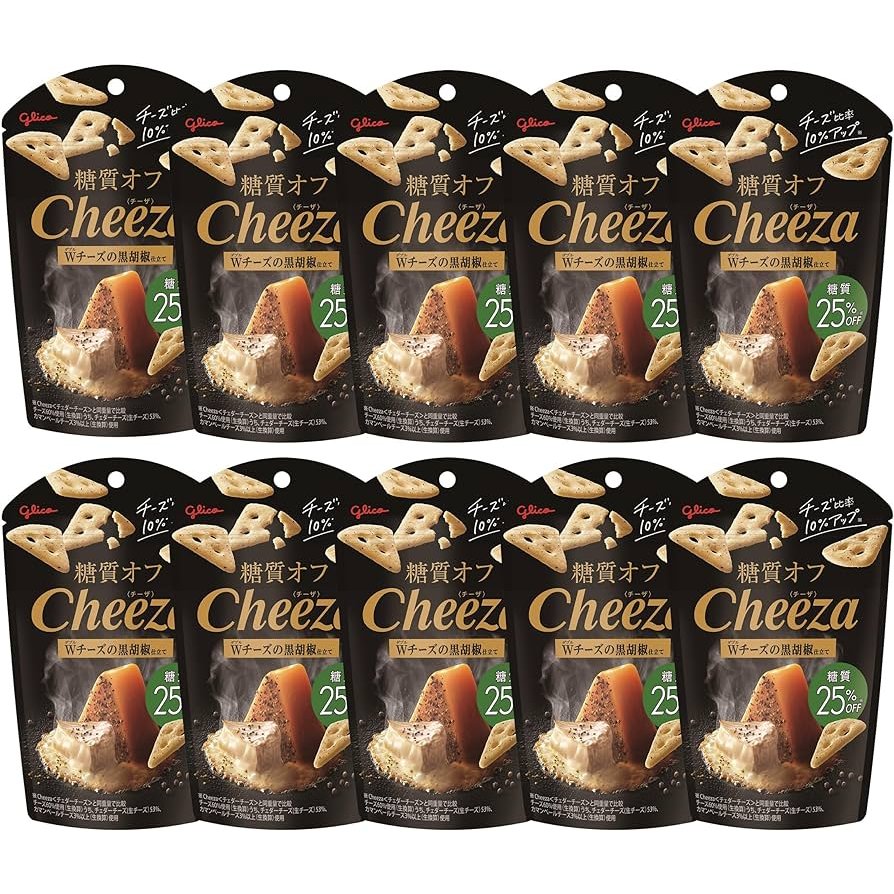 Glico Cheeza Low Carb Black Pepper Double Cheese Crackers 36g (Pack of 10), double cheese blend, ideal for sophisticated snacking