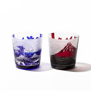 Taburō Koubou Edo Glass Red Fuji Nami Fuji Sakura Cup Pair Japan Tb022 - 204R_206B Cosmetic Box