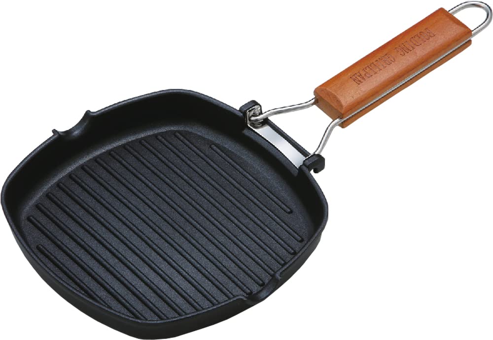 Taniguchi - Metal Grill Pan 20X20Cm Ih Compatible Japan Fluorine Processing Handle Natural Wood Foldable