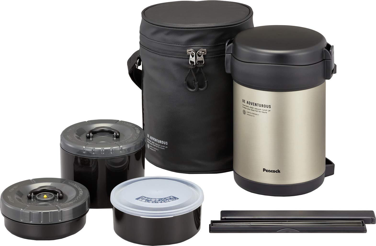 The - Peacock 1.8L Black Stainless Steel Lunch Jar W/ Pouch Arl - F18 B - Japan