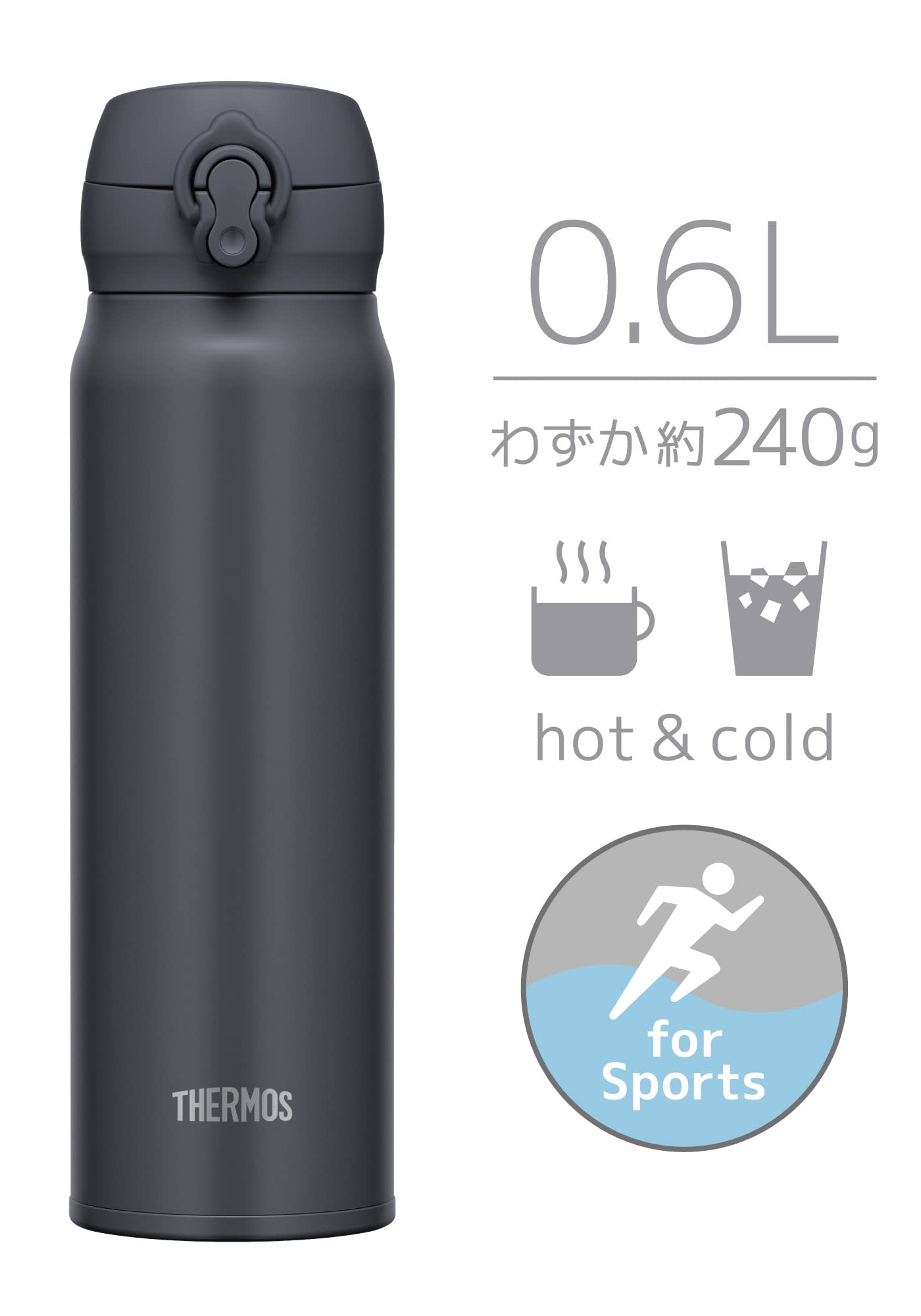 Thermos JNL - 606 SMB Stainless Steel Water Bottle 600ml Vacuum Insulated Easy - to - Clean Lightweight Smoke Black