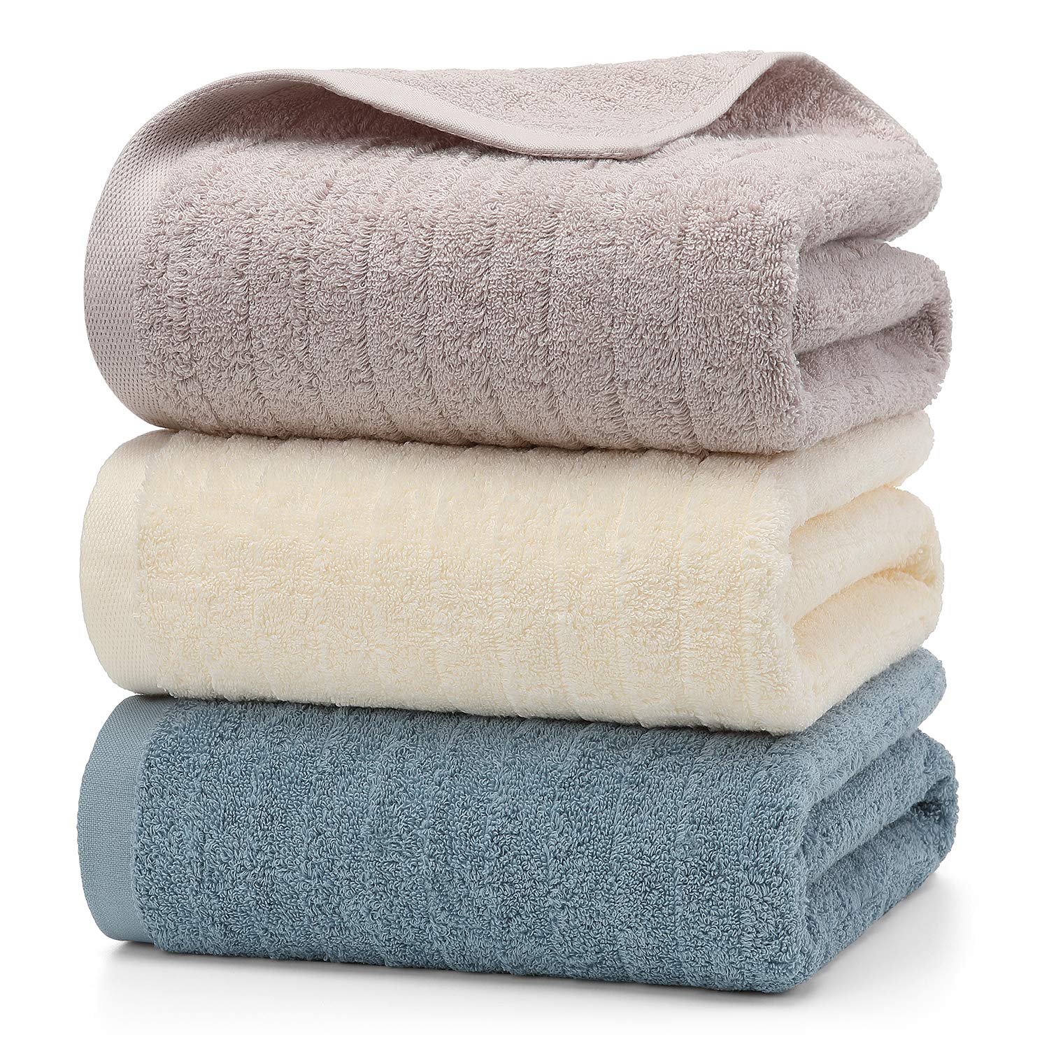Tmvok 3 - Piece Bath Towel Set - 100% Cotton Scandinavian Style Quick Dry 70X140Cm - Perfect For Home Hotels Sports All Seasons (Light Gray Beige Blue) - Japan