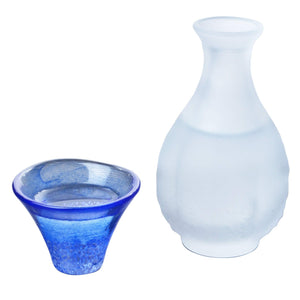 Toyo Sasaki Glass Sake Set White & Blue Cups Japan G637 - M75 2Pcs 35Ml & 175Ml