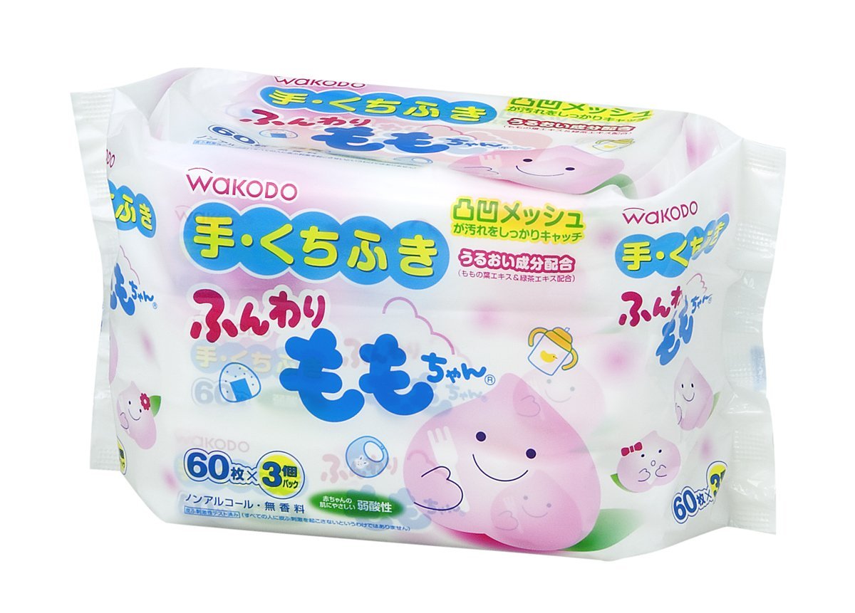 Wakodo Japan Hand/Mouth Wipes Fluffy Momo - Chan 60Pcs 3 - Pack