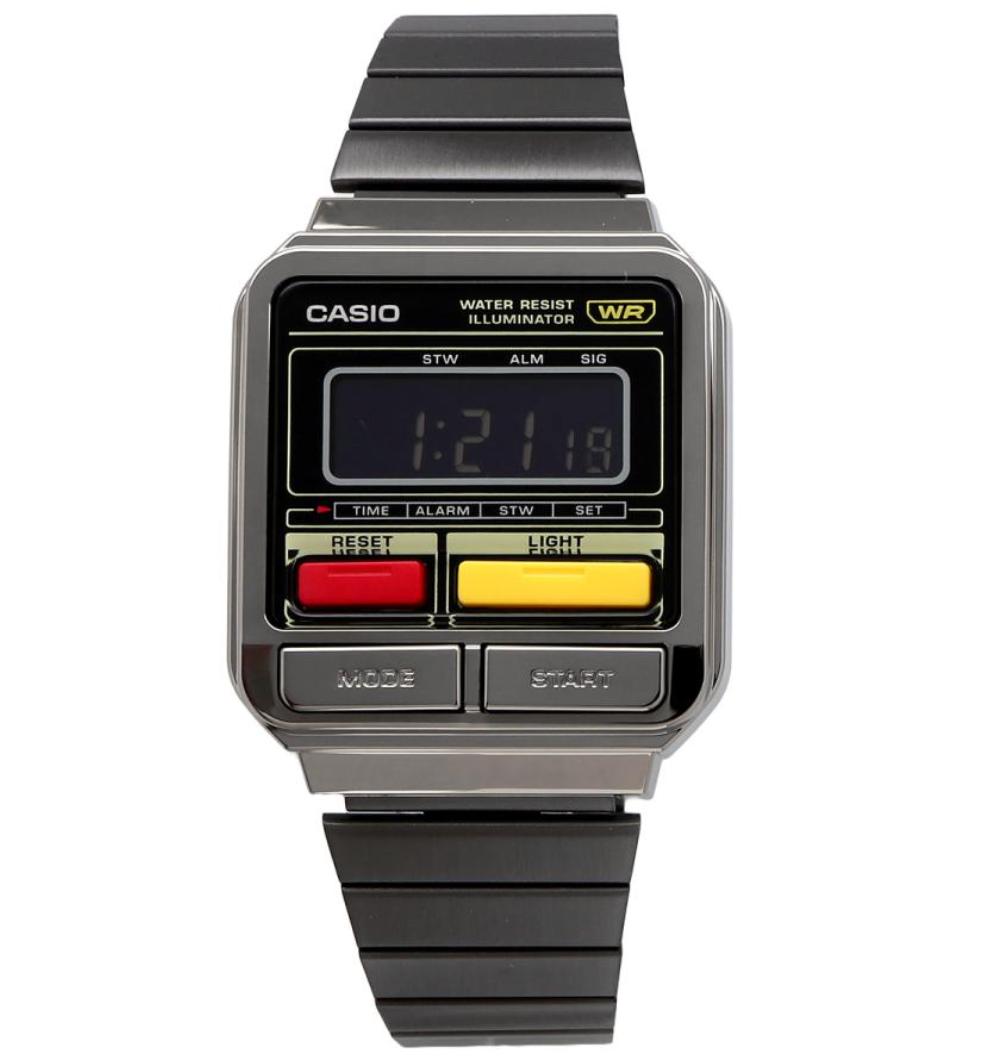 Casio A120WEGG‑1B, grey metallic, front view of digital display, ideal for timekeeping