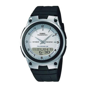 Close‑up of Casio AW‑80 black dial, digital LCD and analog hands clear view