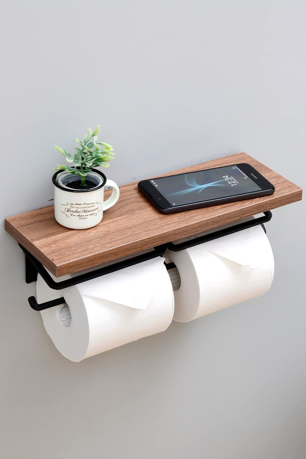 Yamazen Toilet Paper Holder Shelf Smartphone Holder Dark Brown/Black Rph - W Easy Install Japan
