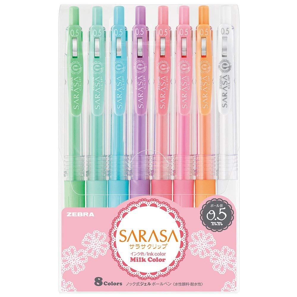 2 - Pack Zebra Sarasa Clip Milk 0.5 Water - Based Ballpoint Pens 8 Colors Made In Japan