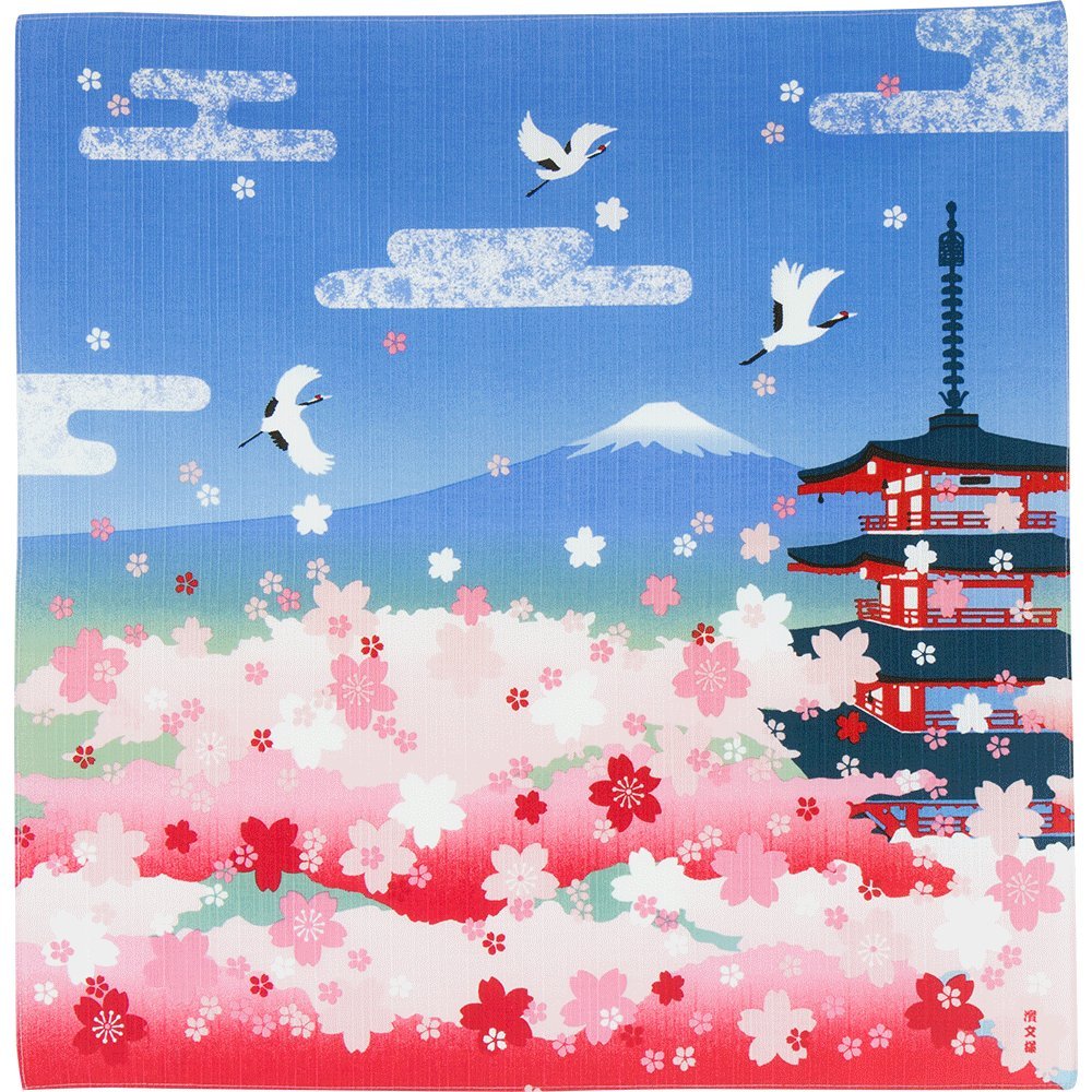 Hama Pattern Furoshiki 50Cm Sakura Five-Storied Pagoda Mt. Fuji Blue Japan - YOYO JAPAN