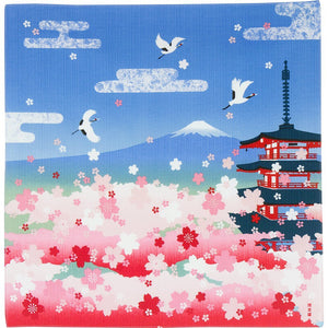 Hama Pattern Furoshiki 50Cm Sakura Five-Storied Pagoda Mt. Fuji Blue Japan - YOYO JAPAN