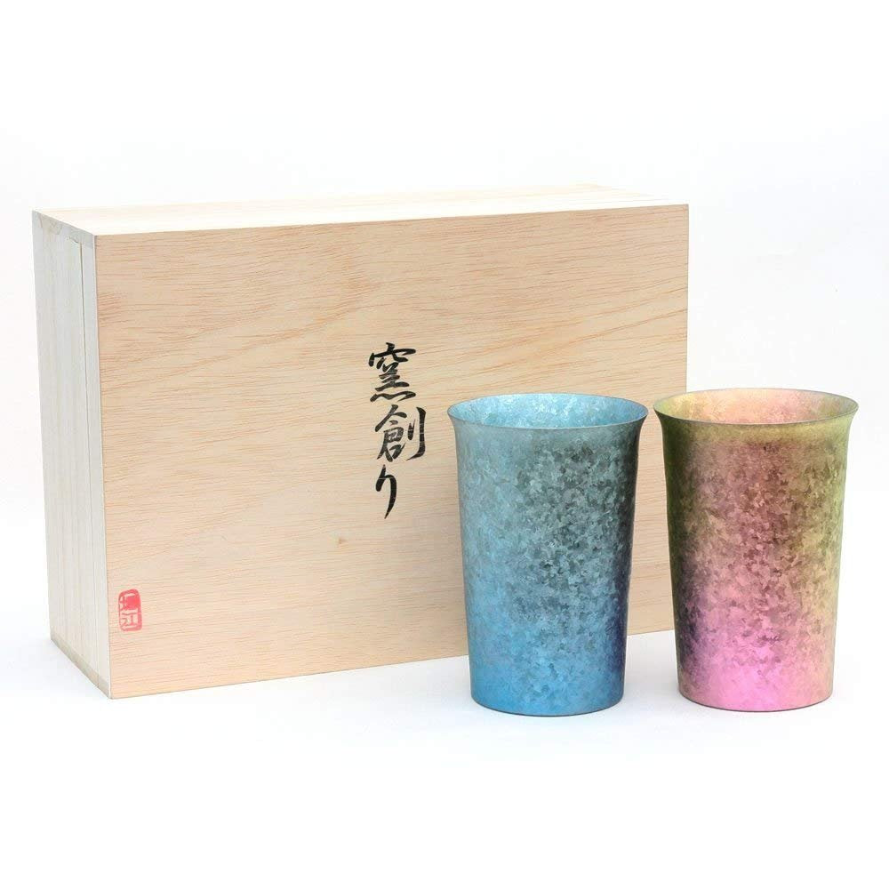 Horie Japan Niigata Tsubame Titanium Double Tumbler Kiln Creation 290Cc Wide Mouth Yui Blue & Pink 2 Color Set T13Km300Wdset