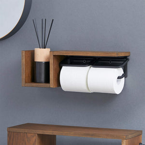 Lowya Toilet Paper Holder Iron Wooden W/ Shelves & Storage Double 2 Strands Set Type Japan Natural/Black - YOYO JAPAN