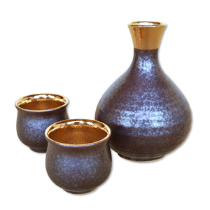 Arita Ware Sake Set Japan: 1 Tokkuri Bottle 2 Ochoko Cups Crystal Gold Ceramic - YOYO JAPAN