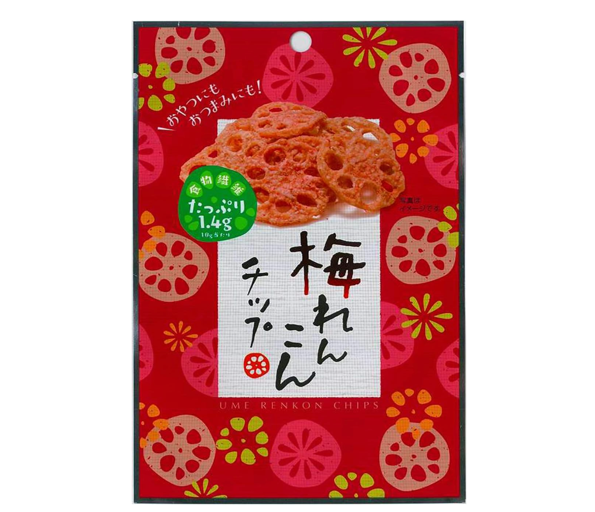 Sokan Ume Renkon Chips Japanese Plum Flavored Lotus Root Chips 18g (Pack of 6)