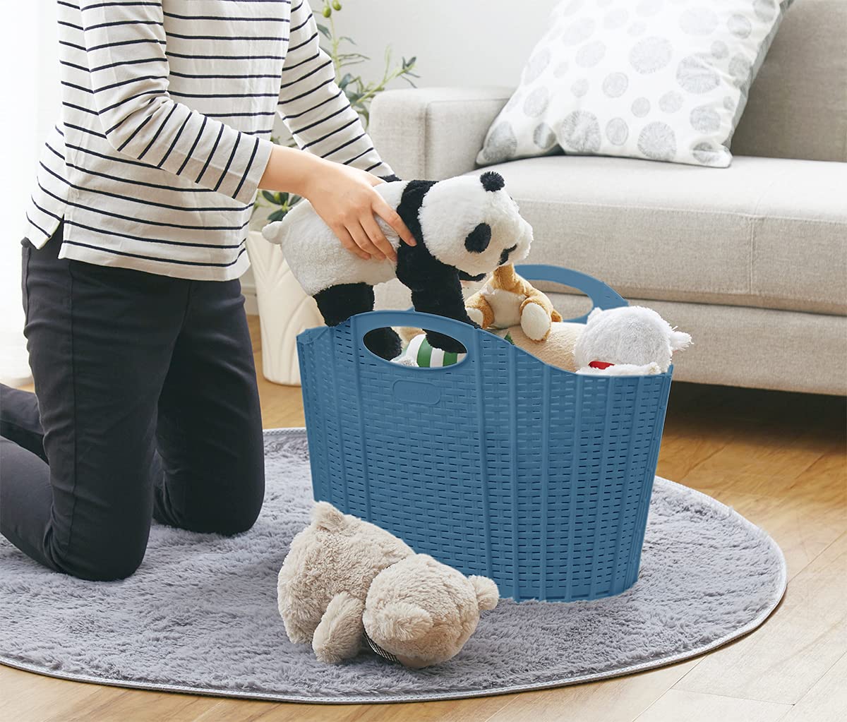 Seiei Japan Foldable Laundry Basket Rattan Style Blue Hamper Bag Folding Compact Storage 55X38X39Cm 120413 - YOYO JAPAN