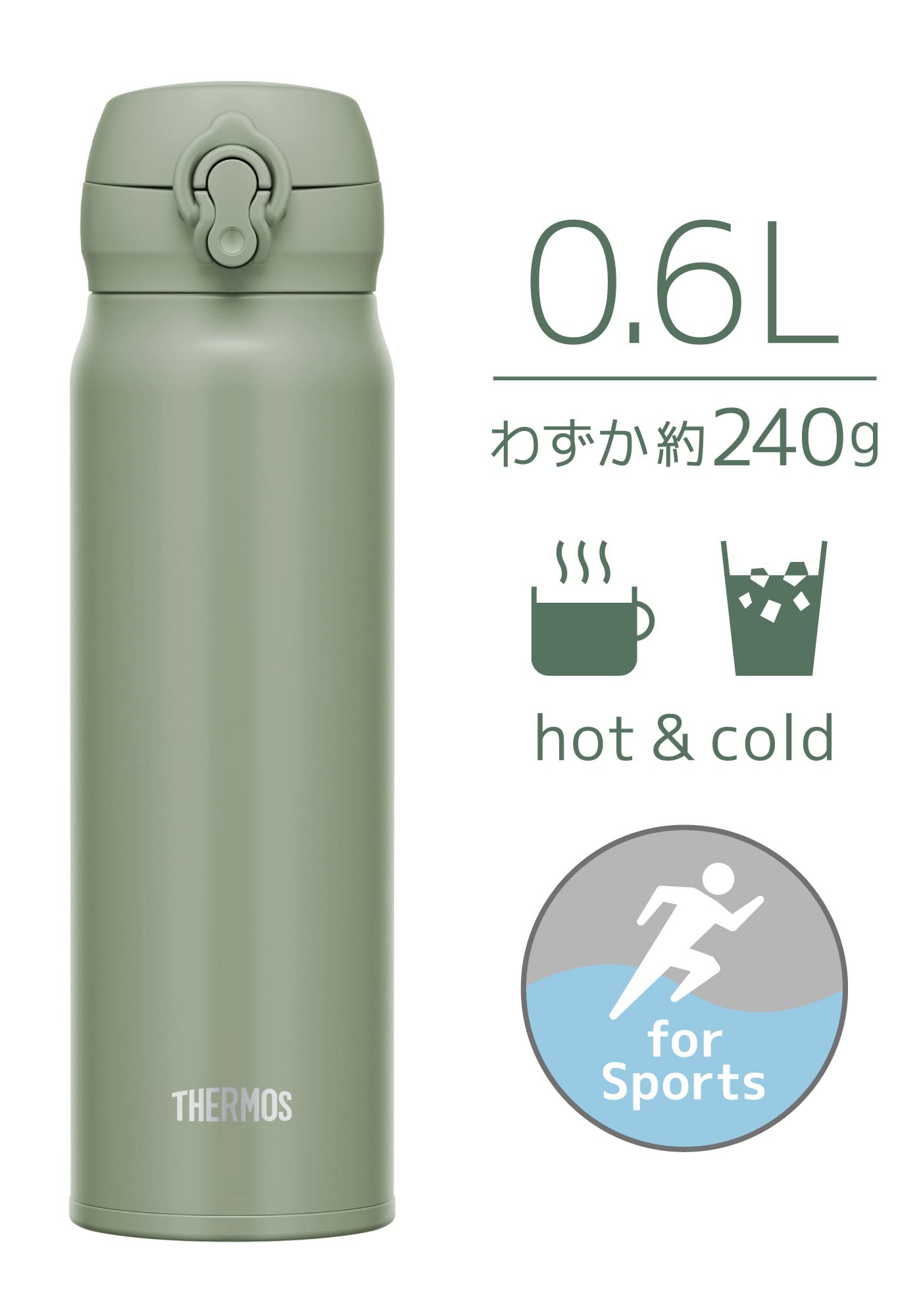 Thermos JNL-606 SMKKI Stainless Steel Water Bottle 600ml Vacuum Insulated Easy-Clean Portable & Lightweight - Smoke Khaki