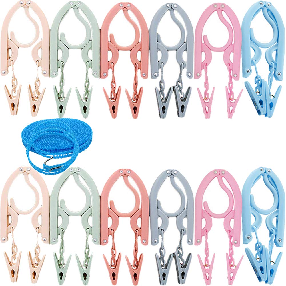 Yoooo Travel Hanger Set - Portable Foldable Lightweight - 12 Pcs 1 Laundry Rope 24 Pinches 6 Colors - For Travel Business Trips Laundry Drying - Japan