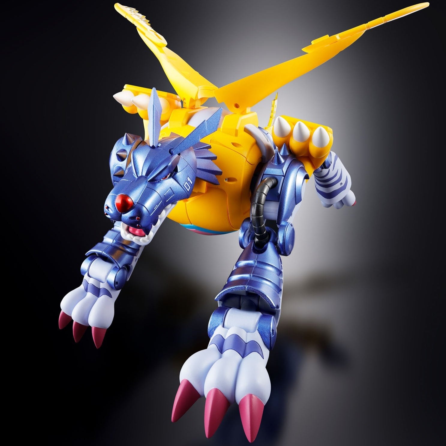 Close-up of Digivolving Spirits 02 Digimon Metalgarurumon Figure Bandai, 155mm, featuring articulated joints for posing
