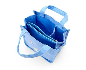 Close-up of Sanrio Tuxedo Sam 2-Way Tote Bag, detailed embroidery, featuring adjustable strap