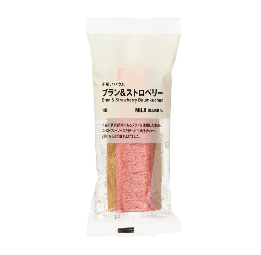 Muji Baumkuchen Bran & Strawberry 5 pcs, soft layered cake, ideal for tea time