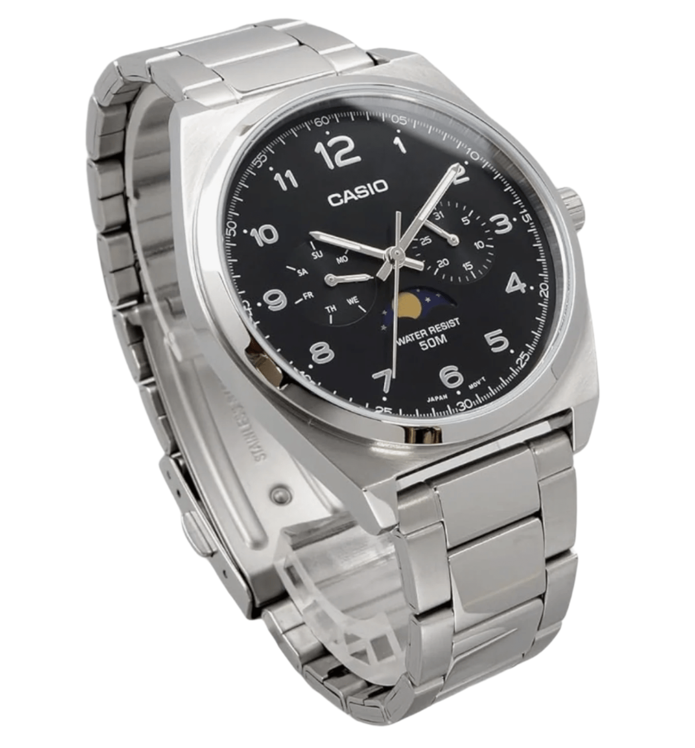 CASIO Standard Moon Phase Analog Men's Watch MTP - M300D - 1AV Metal Band Black Overseas Model