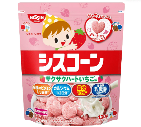 Close-up of Omi Japan Strawberry Cereal 130g, featuring whole grains and strawberry bits for delicious mornings
