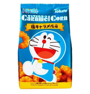 Close-up of Tohato Caramel Corn Doraemon Limited Edition showing airy caramel-coated corn chips