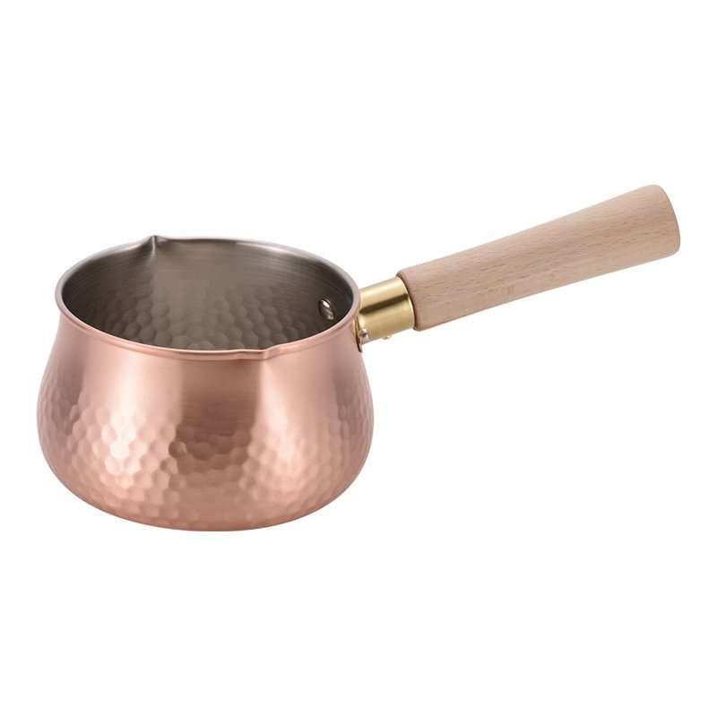 Chitose Wooden-Handled Hammered Copper Milk Pan With Pouring Lip 12cm - YOYO JAPAN