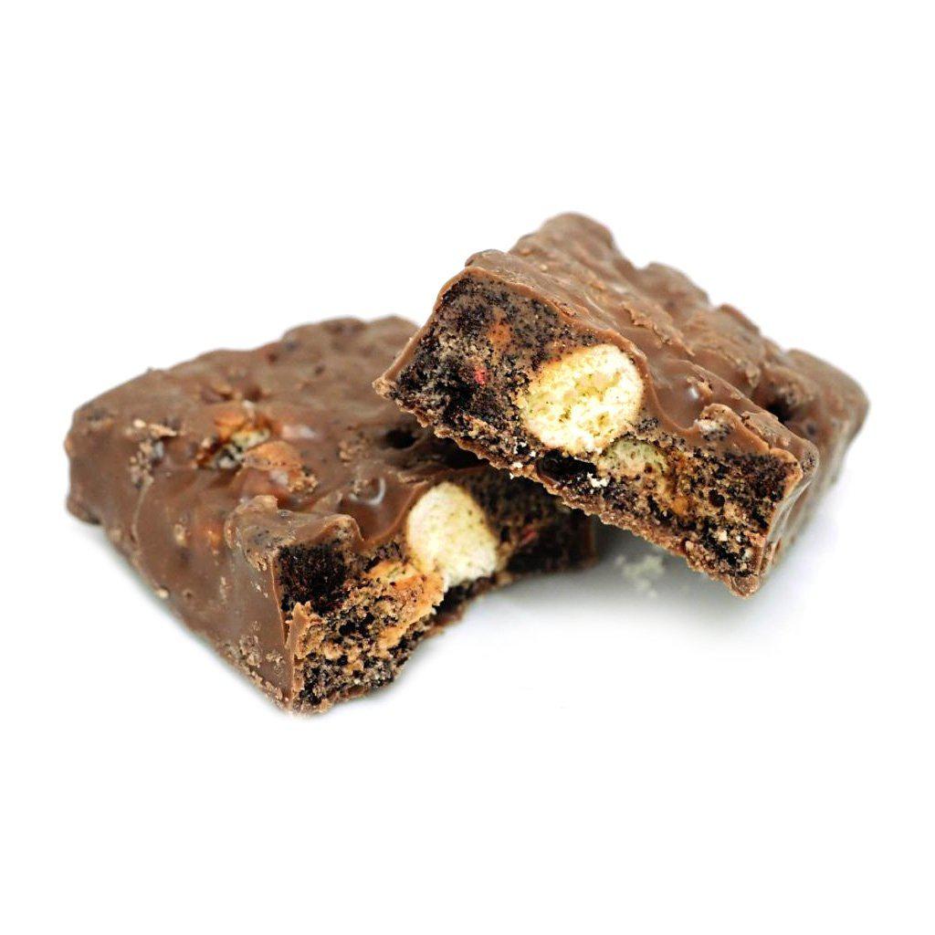 Close-up of Yuraku Black Thunder Chocolate Bar, 20-piece box, featuring crunchy cocoa cookies and puffed rice