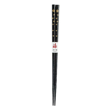 Close-up of Isuke Non-Slip Lacquered Wood Japanese Chopsticks Black & Gold 24 cm, featuring gold-foil plum blossom accents for visual elegance