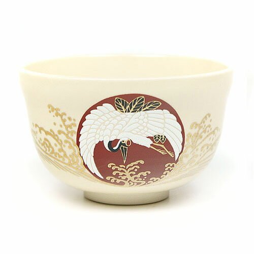 Crane & Rising Sun Design Chawan Matcha Cup Tea Bowl, handcrafted ceramic, ideal for traditional matcha preparation